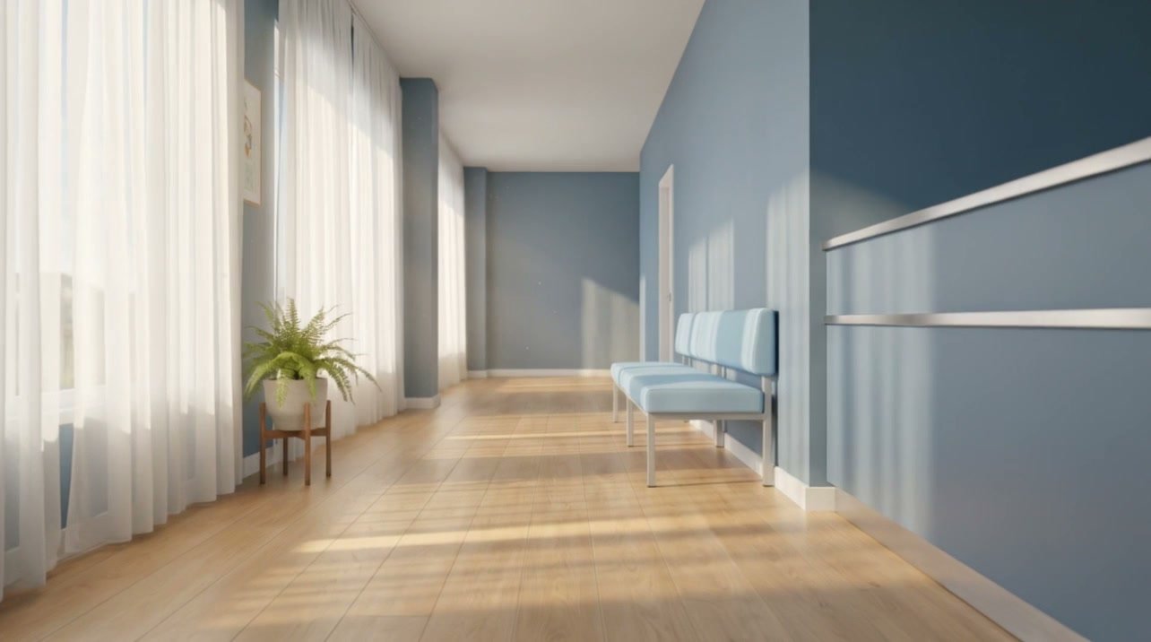 Recepção da Clínica Vitalis banhada por luz da manhã