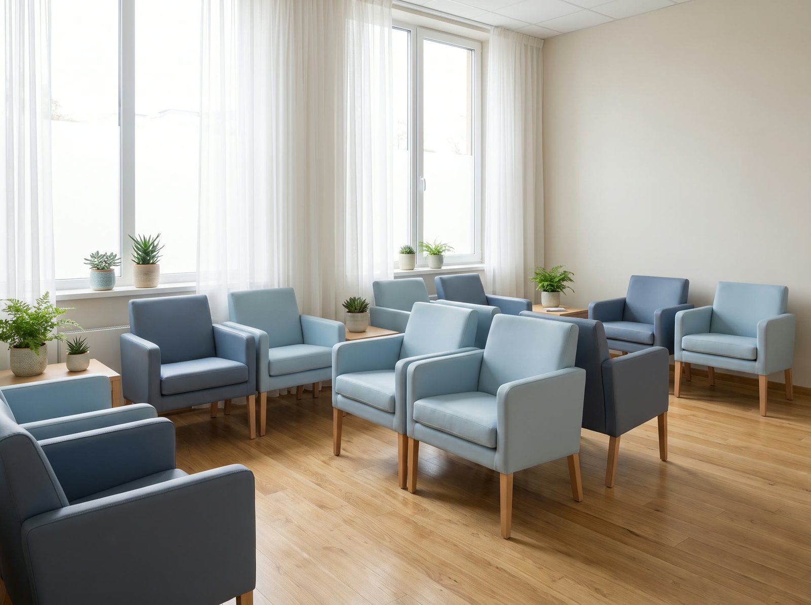 Sala de espera confortável da Clínica Vitalis, com poltronas azuis e luz natural